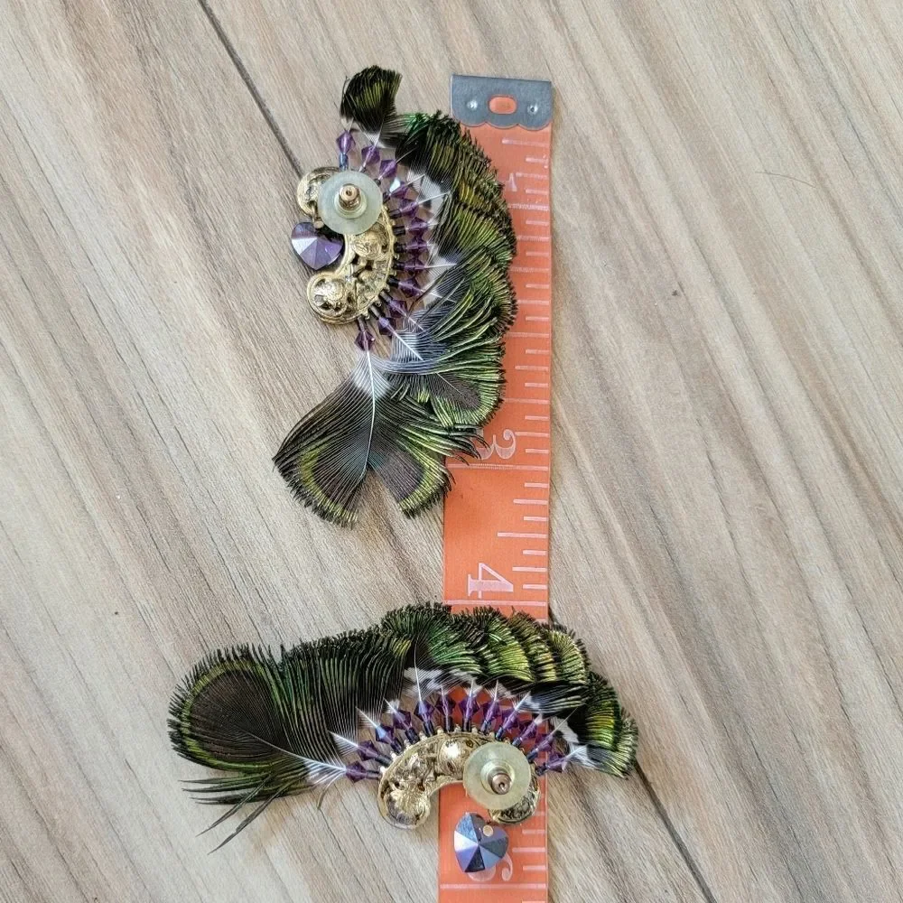 Artisan Filgree Ashlock Peacock Feather Amethyst 23k Gold Plated Earrings